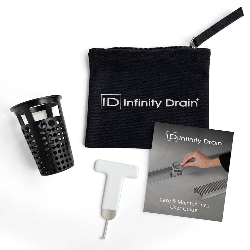 Infinity Drain Hair Maintenance Kit. Includes maintenance guide, WKEY Lift-out key, and HB 65B Hair Basket in black.