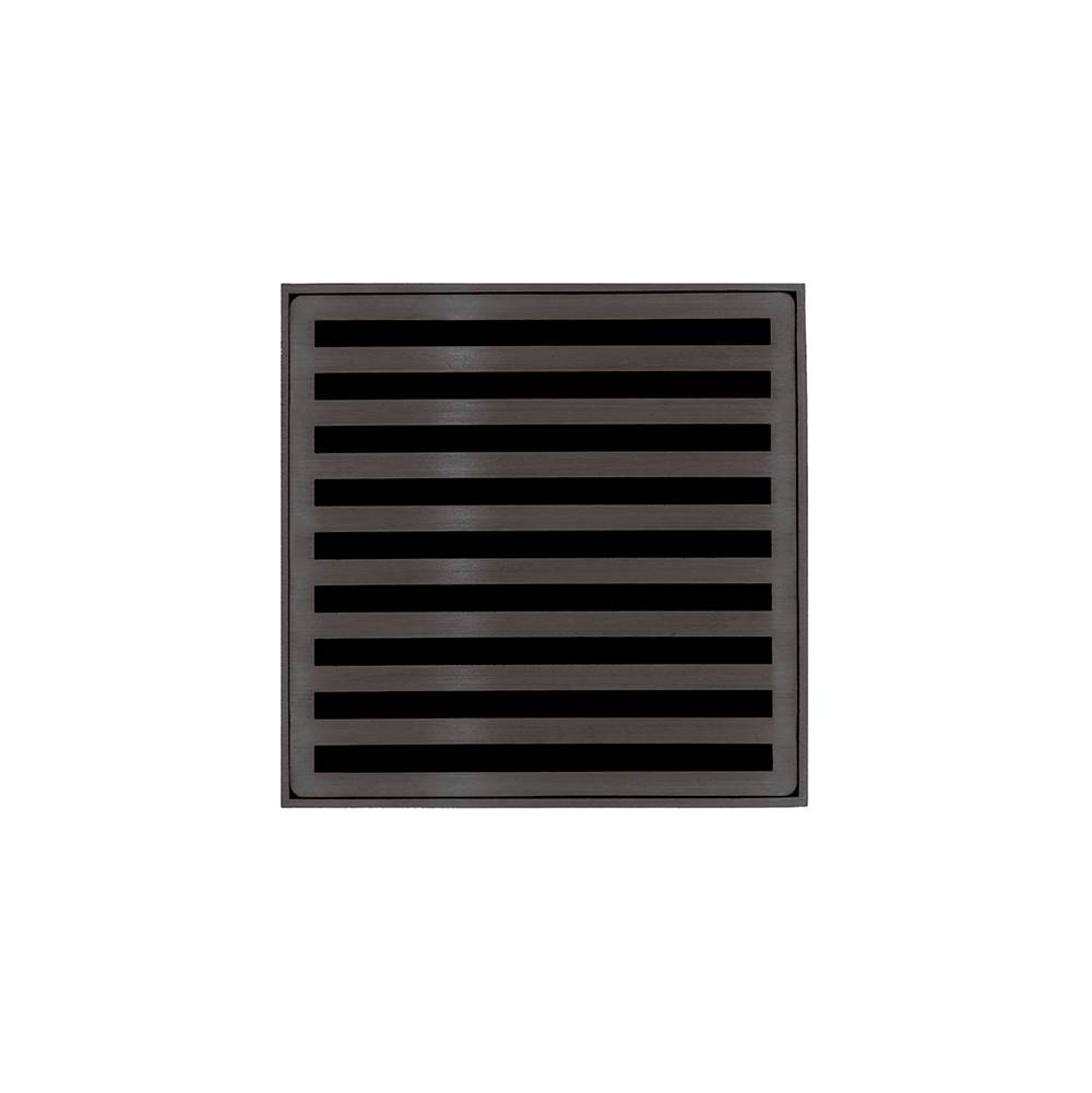 Infinity Drain 4'' x 4'' NDB 4 Complete Kit with Lines Pattern Decorative Plate in Oil Rubbed Bronze with ABS Bonded Flange Drain Body, 2'', 3'' and 4'' Outlet