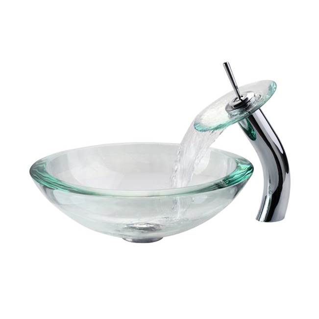 Kraus KRAUS 34 mm Thick Glass Vessel Sink in Clear with Waterfall Faucet in Chrome