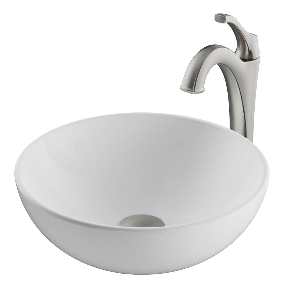 Kraus Elavo 14-inch Round White Porcelain Ceramic Bathroom Vessel Sink and Spot Free Arlo Faucet Combo Set with Pop-Up Drain in Stainless Brushed Nickel