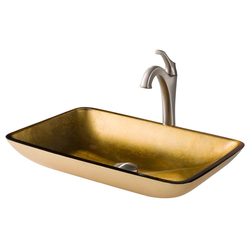 Kraus 22-inch Rectangular Gold Glass Bathroom Vessel Sink and Spot Free Arlo Faucet Combo Set with Pop-Up Drain, Stainless Brushed Nickel Finish