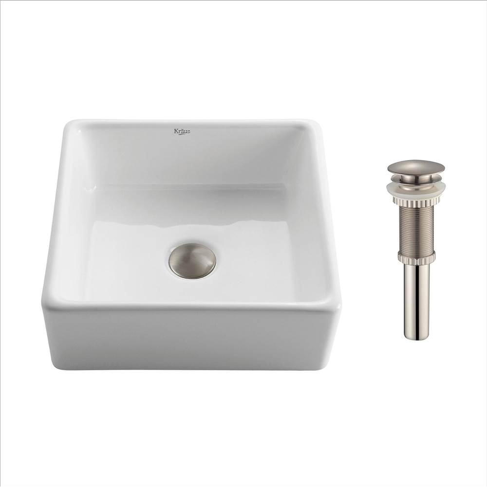 Kraus KRAUS Square Ceramic Vessel Bathroom Sink in White with Pop-Up Drain in Satin Nickel