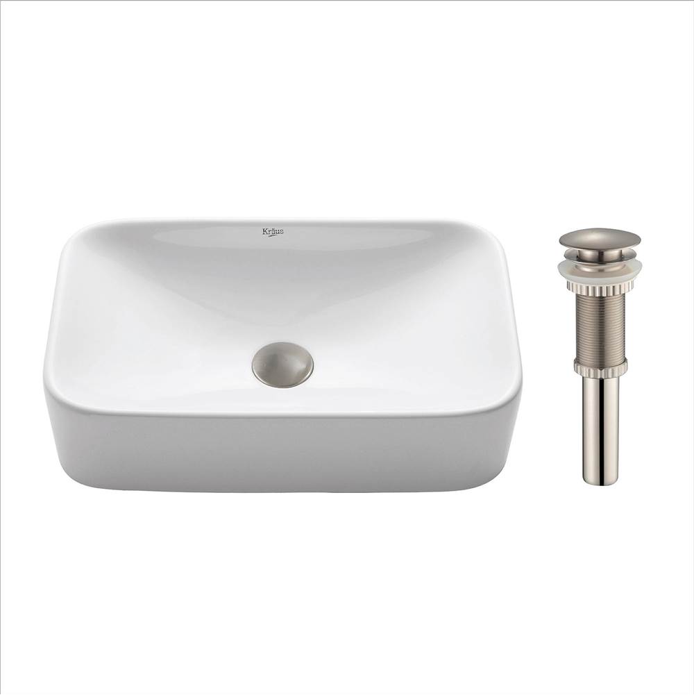Kraus KRAUS Soft Rectangular Ceramic Vessel Bathroom Sink in White with Pop-Up Drain in Satin Nickel