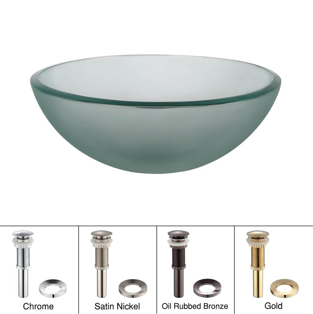 Kraus KRAUS 14 Inch Glass Vessel Sink in Frosted with Pop-Up Drain and Mounting Ring in Satin Nickel