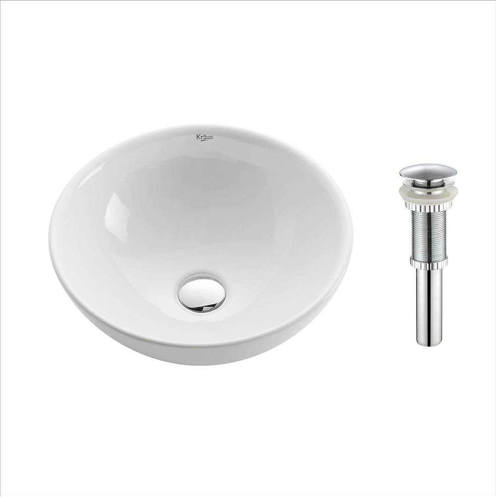 Kraus KRAUS Soft Round Ceramic Vessel Bathroom Sink in White with Pop-Up Drain in Chrome