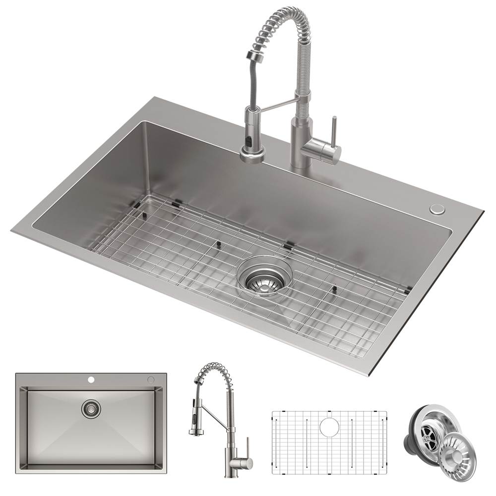 Kraus Stark 33-inch Dual Mount Kitchen Sink and Pull-Down Commercial Kitchen Faucet Combo in Spot Free Stainless Steel Finish