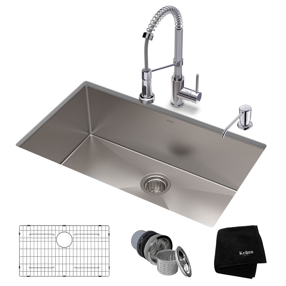 Kraus 30-inch 16 Gauge Standart PRO Kitchen Sink Combo Set with Bolden 18-inch Kitchen Faucet and Soap Dispenser, Chrome Finish