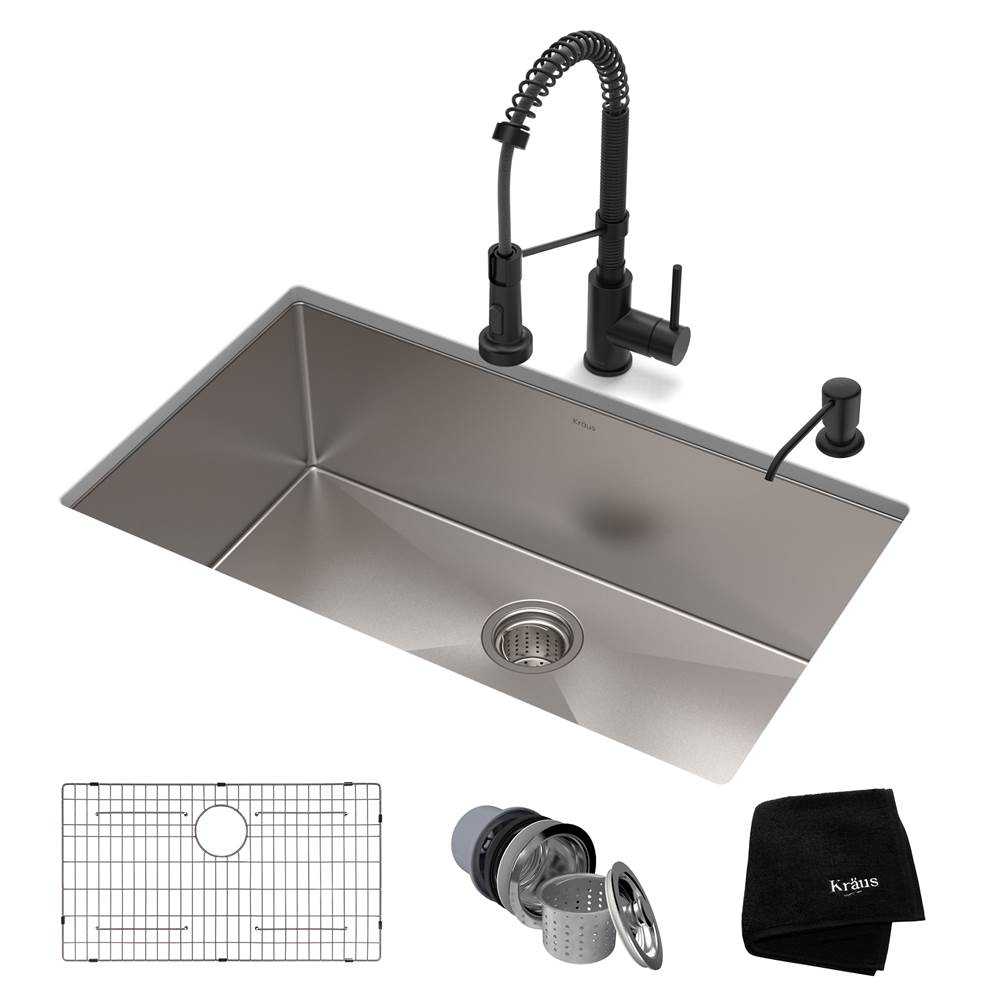 Kraus 30-inch 16 Gauge Standart PRO Kitchen Sink Combo Set with Matte Black Bolden 18-inch Kitchen Faucet and Soap Dispenser