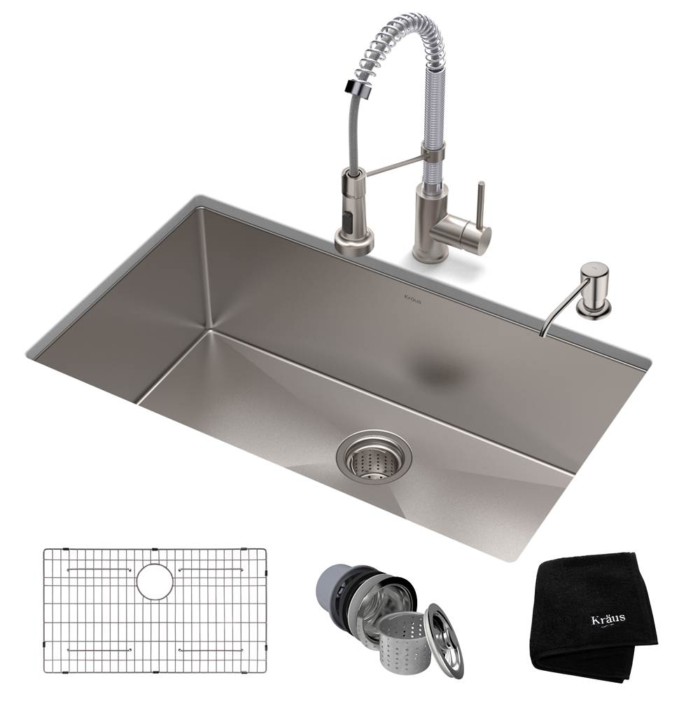 Kraus 30-inch 16 Gauge Standart PRO Kitchen Sink Combo Set with Bolden 18-inch Kitchen Faucet and Soap Dispenser, Stainless Steel Chrome Finish