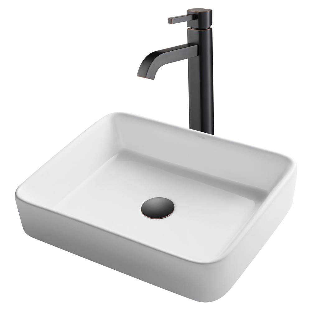 Kraus 19-inch Modern Rectangular White Porcelain Ceramic Bathroom Vessel Sink and Ramus Faucet Combo Set with Pop-Up Drain, Oil Rubbed Bronze Finish