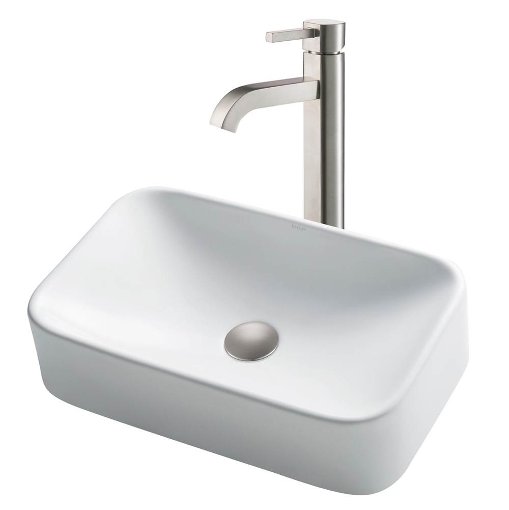 Kraus 19-inch Rectangular White Porcelain Ceramic Bathroom Vessel Sink and Ramus Faucet Combo Set with Pop-Up Drain, Satin Nickel Finish