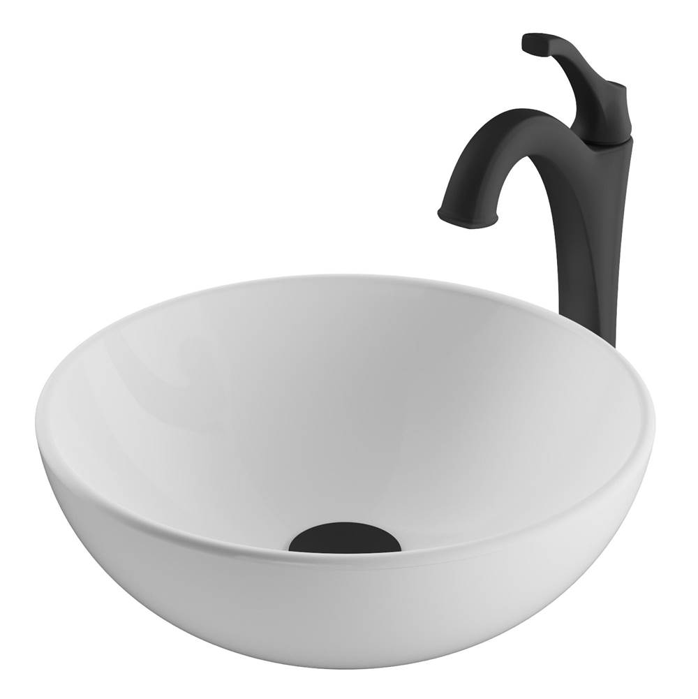 Kraus Elavo 14-inch Round White Porcelain Ceramic Bathroom Vessel Sink and Matte Black Arlo Faucet Combo Set with Pop-Up Drain