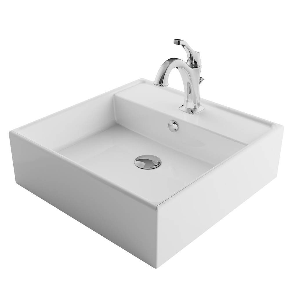 Kraus Elavo 18 1/2-inch Square White Porcelain Ceramic Bathroom Vessel Sink with Overflow and Arlo Faucet Combo Set with Lift Rod Drain, Chrome Finish