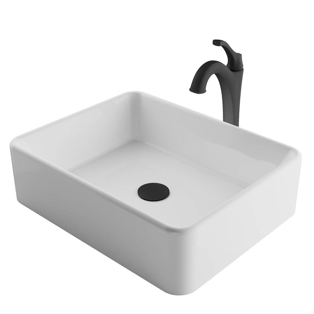 Kraus Elavo 19-inch Modern Rectangular White Porcelain Ceramic Bathroom Vessel Sink and Matte Black Arlo Faucet Combo Set with Pop-Up Drain