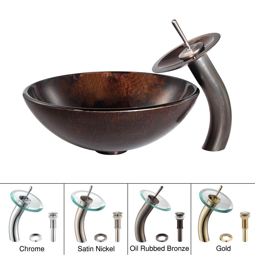 Kraus KRAUS Pluto Glass Vessel Sink in Brown with Waterfall Faucet in Oil Rubbed Bronze