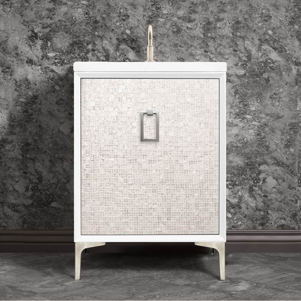 Linkasink Mother of Pearl 24'' Wide White Vanity with Satin Nickel Coach Pull and Hardware, 24'' x 22'' x 33.5'' (without vanity top)