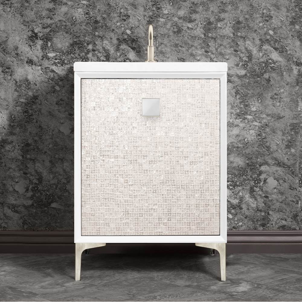 Linkasink MOTHER OF PEARL with 3'' Artisan Glass Prism Hardware 24'' Wide Vanity, White, Satin Nickel Hardware, 24'' x 22'' x 33.5'' (without vanity top)