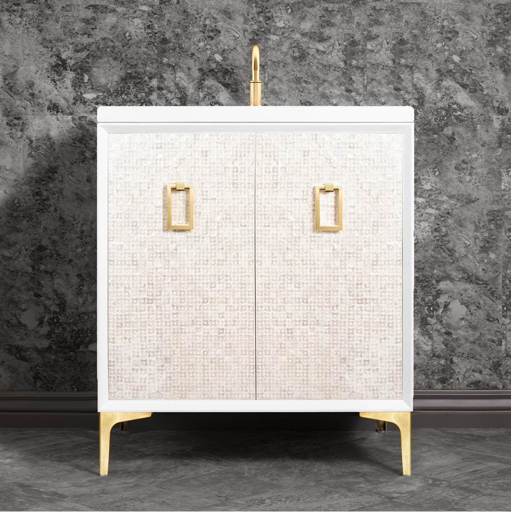 Linkasink Mother of Pearl 30'' Wide White Vanity with Satin Brass Coach Pull and Hardware
