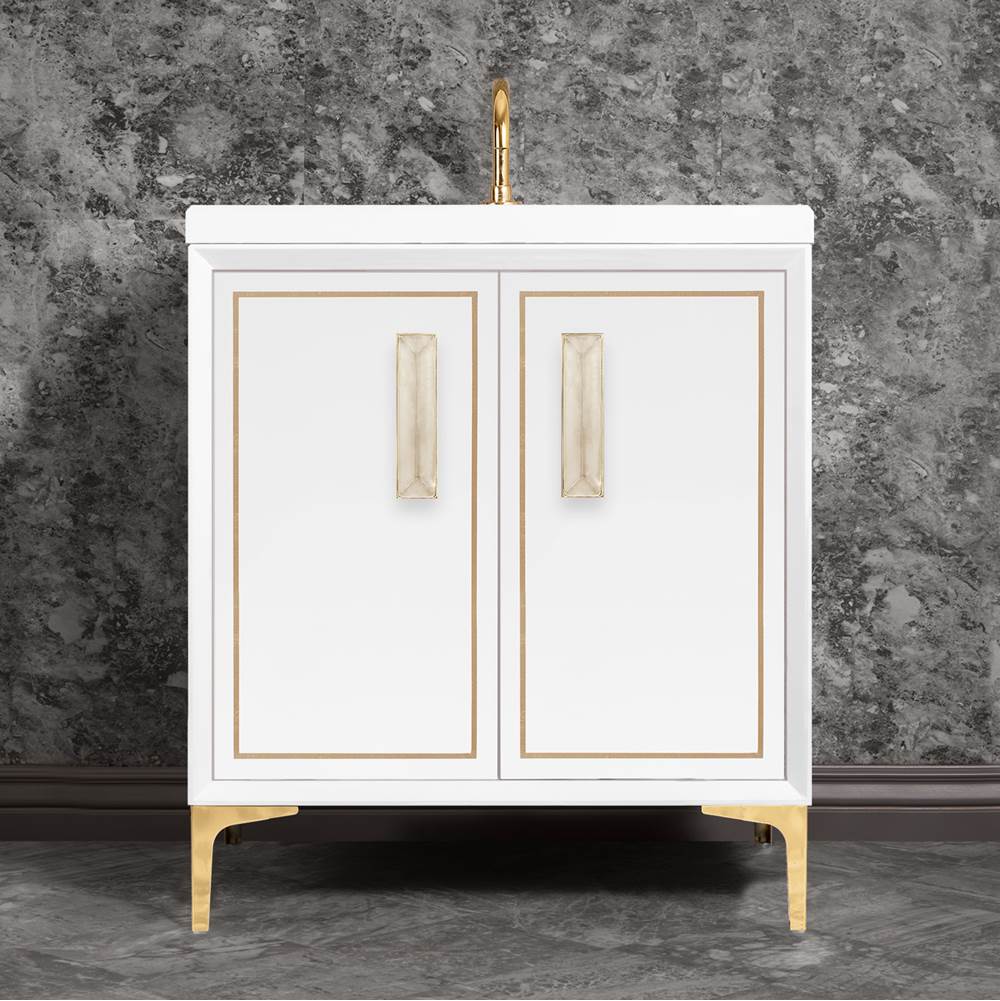 Linkasink LINEA with 8'' Artisan Glass Prism Hardware 30'' Wide Vanity, White, Polished Brass Hardware, 30'' x 22'' x 33.5'' (without vanity top)