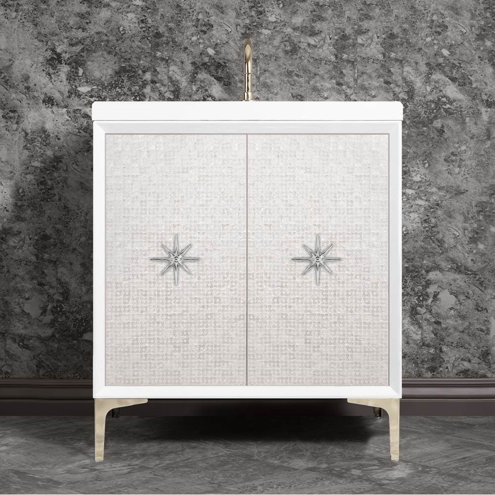 Linkasink Mother of Pearl with 3'' Polished Nickel Star Hardware, 30'' Wide Vanity, White, 30'' x 22'' x 33.5'' (without vanity top)