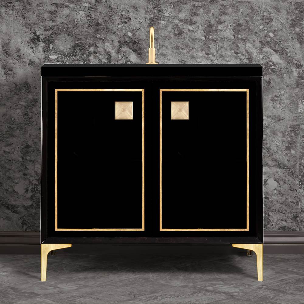 Linkasink LINEA with 3'' Artisan Glass Prism Hardware 36'' Wide Vanity, Black, Satin Brass Hardware, 36'' x 22'' x 33.5'' (without vanity top)