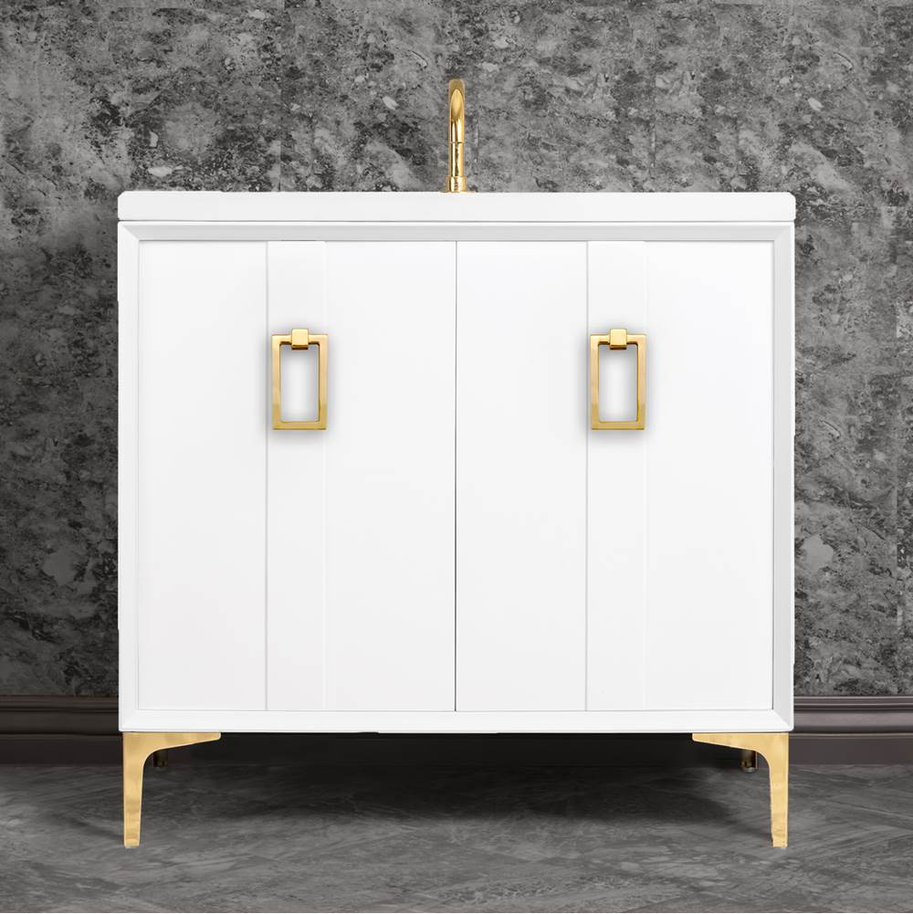 Linkasink Tuxedo 36'' Wide White Vanity with Polished Brass Coach Pull and Hardware