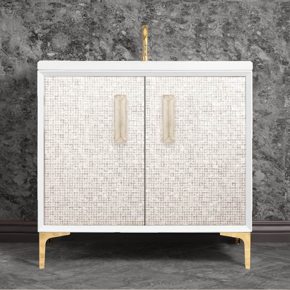 Linkasink MOTHER OF PEARL with 8'' Artisan Glass Prism Hardware 36'' Wide Vanity, White, Polished Brass Hardware, 36'' x 22'' x 33.5'' (without vanity top)