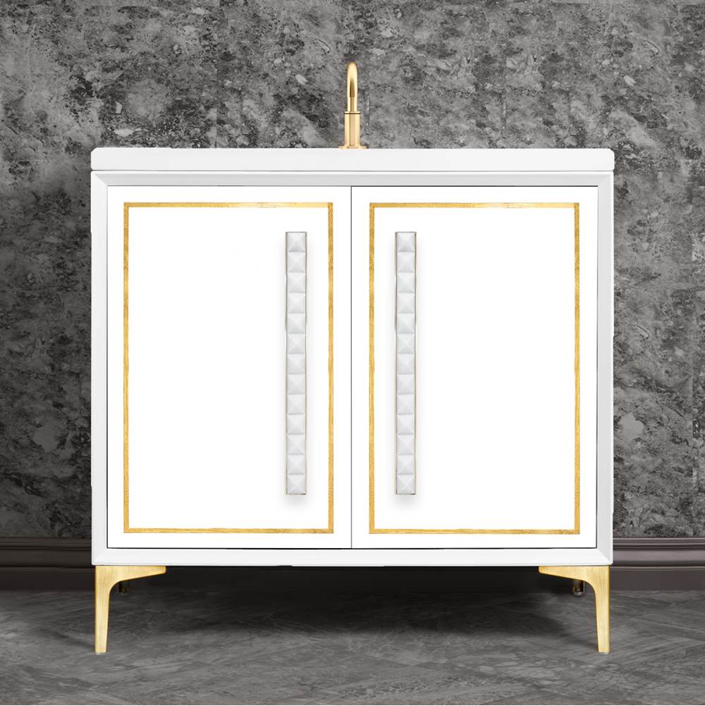 Linkasink LINEA with 18'' Artisan Glass Pyramid Hardware 36'' Wide Vanity, White, Satin Brass Hardware, 36'' x 22'' x 33.5'' (without vanity top)