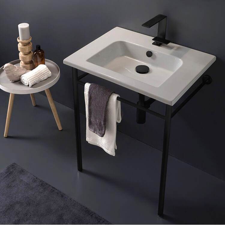 Nameeks Etra Ceramic Matte Black Console Sink Basin and Leg Combo