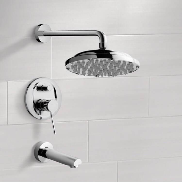 Nameeks Contemporary Round Polished Chrome Tub and Rain Shower Faucet Set
