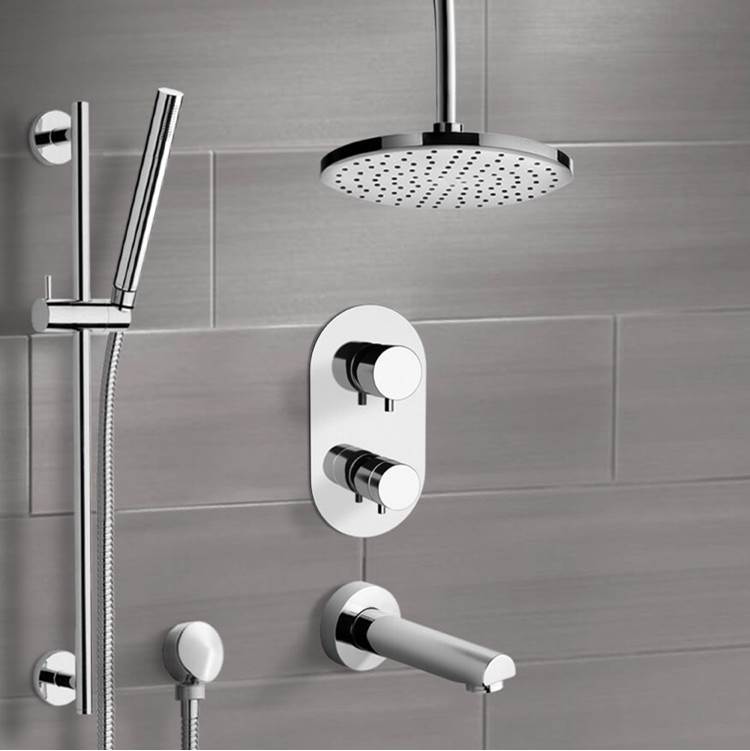 Nameeks Round Modern Chrome Tub and Thermostatic Shower Faucet with Slide Rail