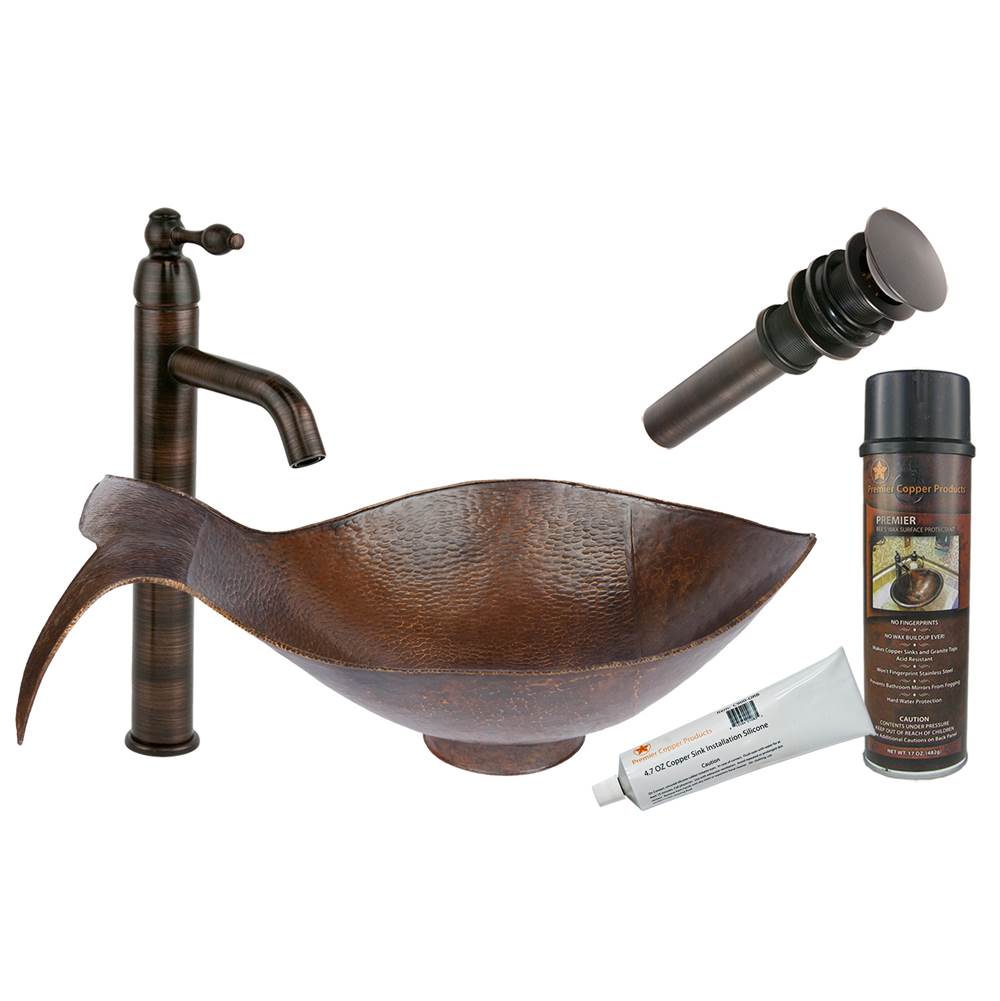 Premier Copper Products Fish Vessel Hammered Copper Sink with ORB Single Handle Vessel Faucet, Matching Drain and Accessories