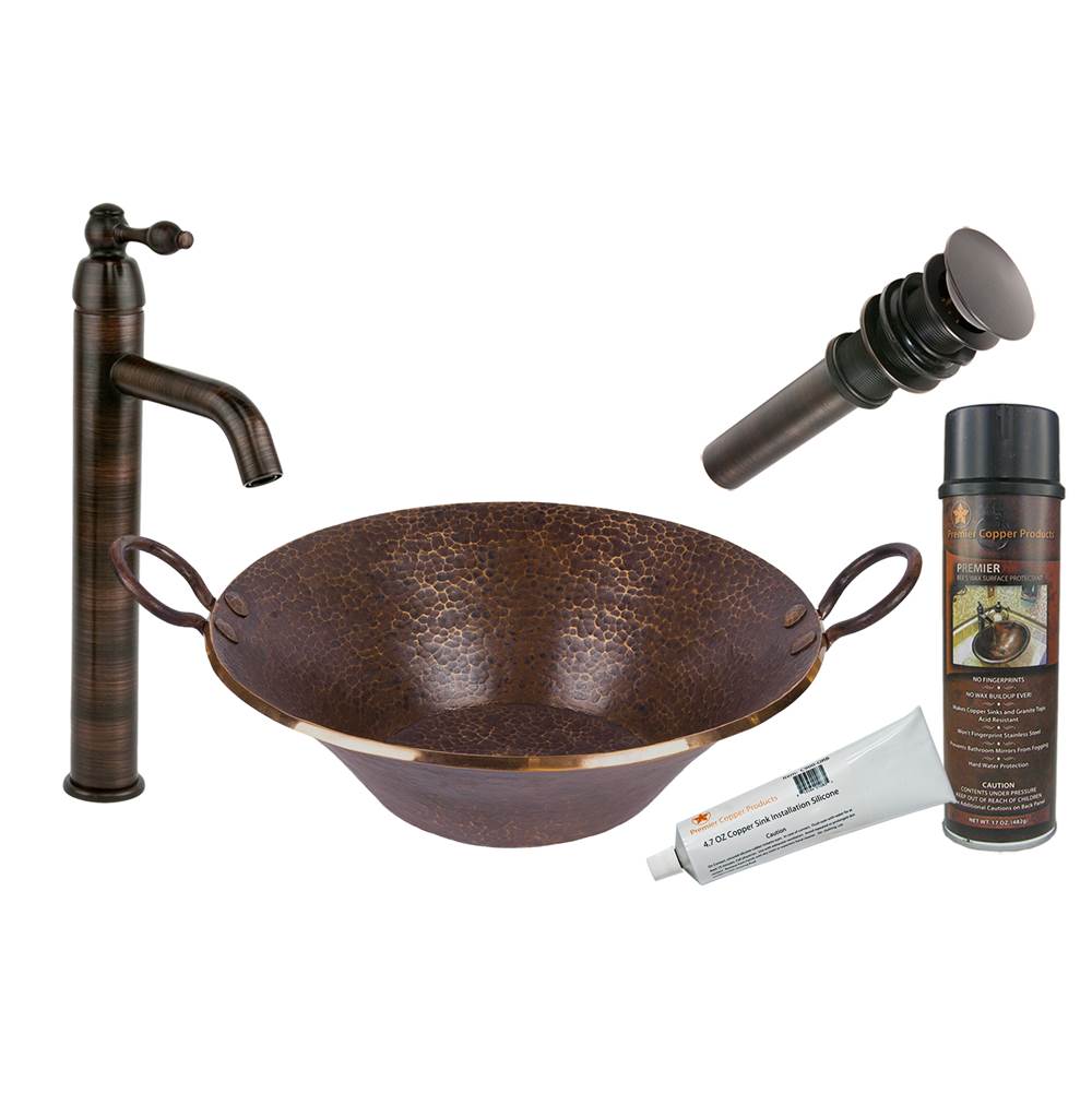 Premier Copper Products Hand Forged Old World Miners Pan Copper Vessel Sink with ORB Single Handle Vessel Faucet, Matching Drain and Accessories