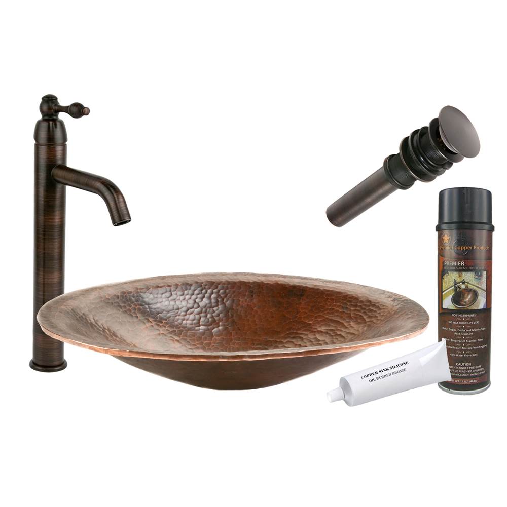 Premier Copper Products Oval Hand Forged Old World Copper Vessel Sink with ORB Single Handle Vessel Faucet, Matching Drain and Accessories