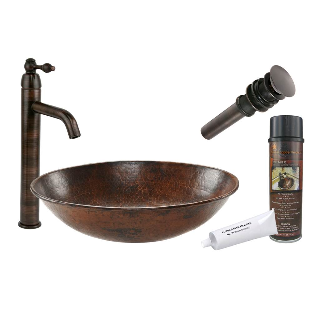 Premier Copper Products Oval Wired Rimmed Vessel Hammered Copper Sink with ORB Single Handle Vessel Faucet, Matching Drain and Accessories
