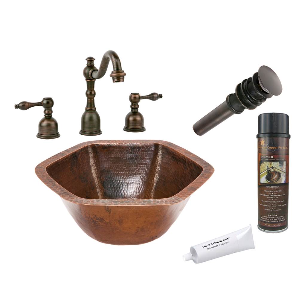 Premier Copper Products Hexagon Under Counter Hammered Copper Sink with ORB Widespread Faucet, Matching Drain and Accessories