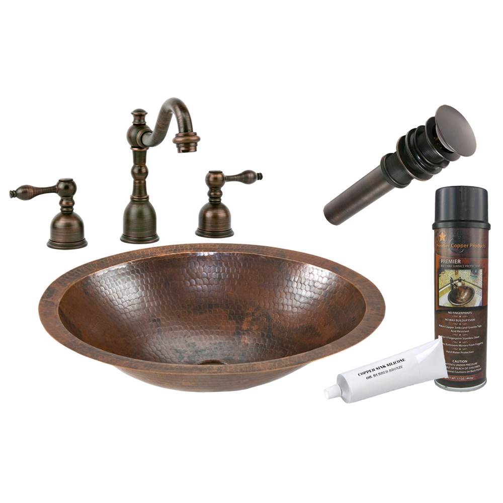 Premier Copper Products Small Oval Under Counter Hammered Copper Sink with ORB Widespread Faucet, Matching Drain and Accessories