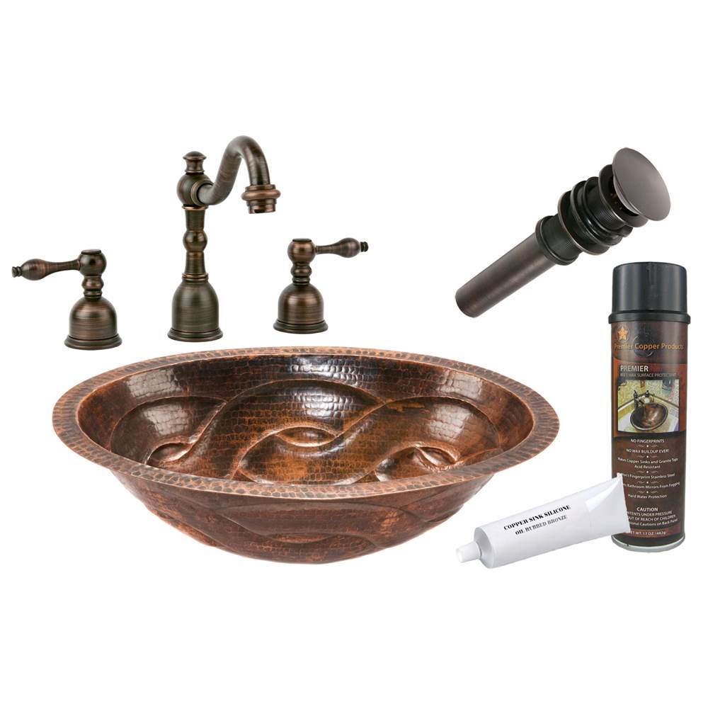 Premier Copper Products Oval Braid Under Counter Hammered Copper Sink with ORB Widespread Faucet, Matching Drain and Accessories