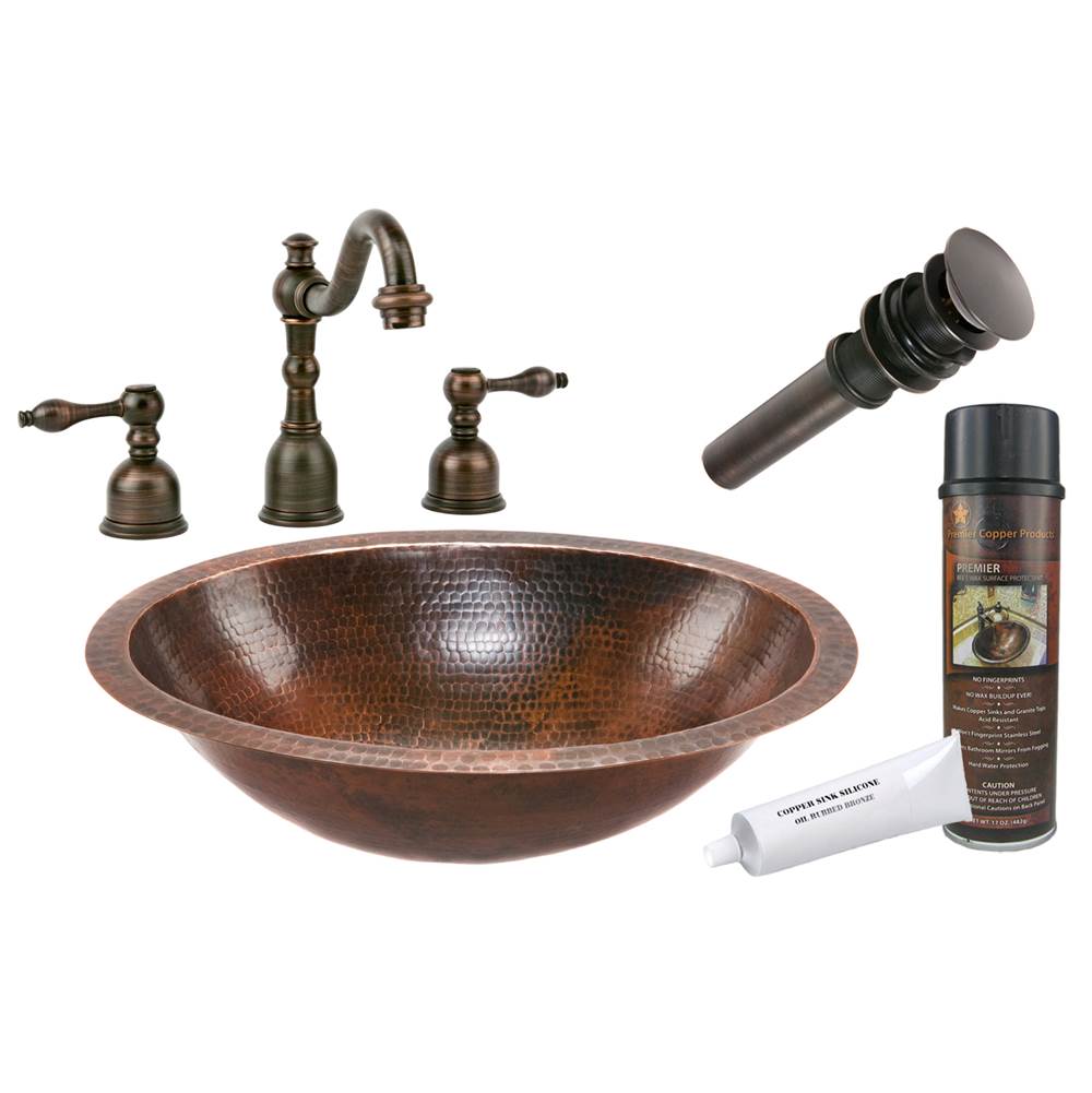 Premier Copper Products Oval Under Counter Hammered Copper Sink with ORB Widespread Faucet, Matching Drain and Accessories