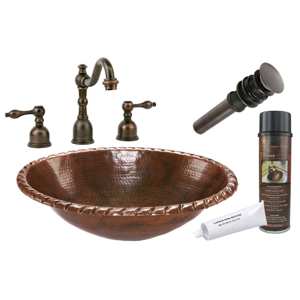 Premier Copper Products Oval Roped Rim Self Rimming Hammered Copper Sink with ORB Widespread Faucet, Matching Drain and Accessories