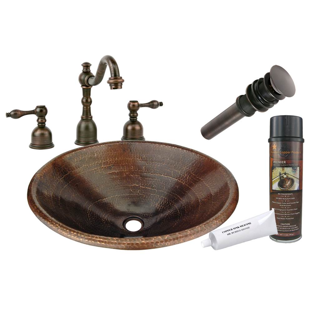 Premier Copper Products Master Bath Oval Self Rimming Hammered Copper Sink with ORB Widespread Faucet, Matching Drain and Accessories