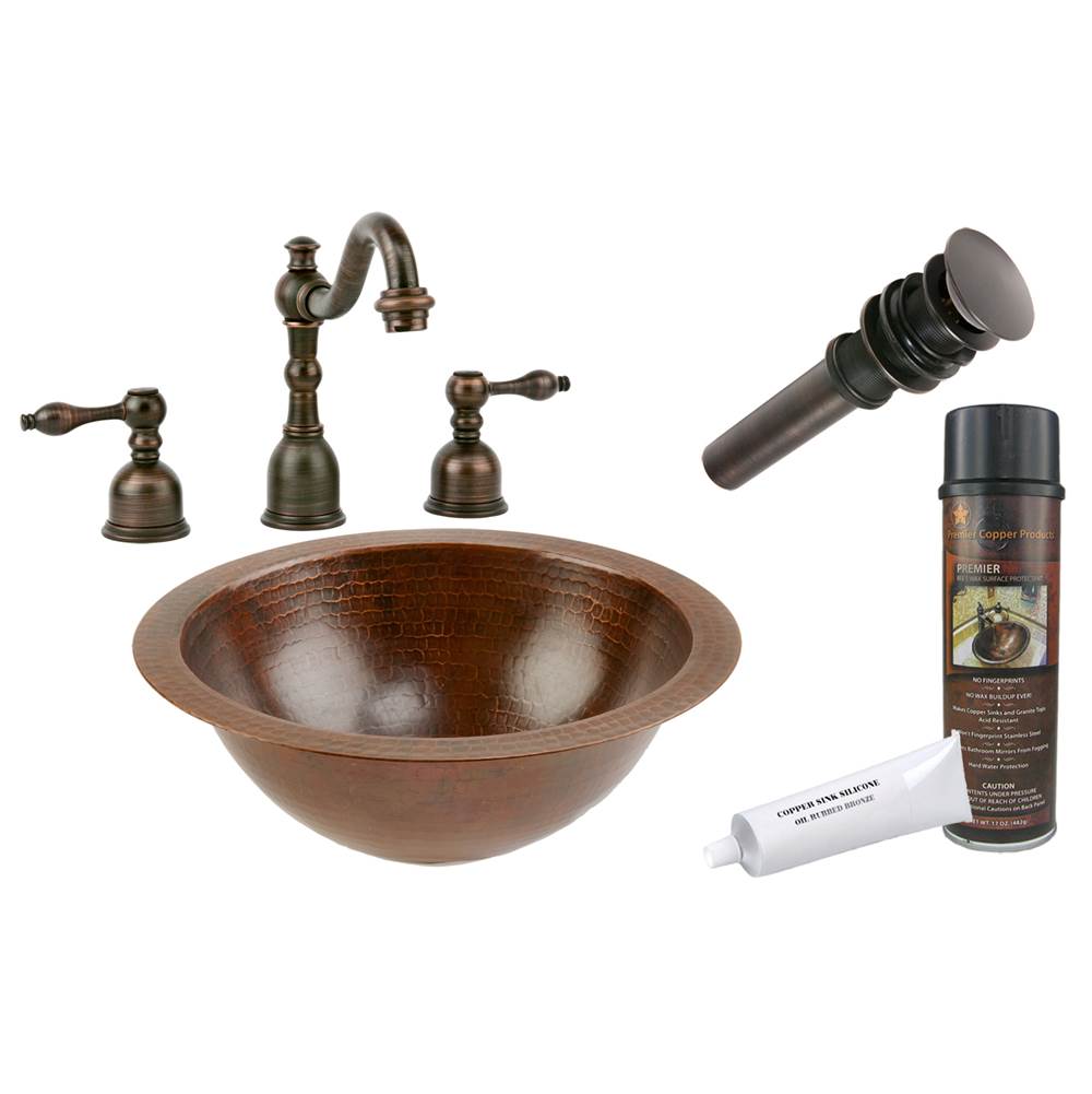 Premier Copper Products Small Round Under Counter Hammered Copper Sink with ORB Widespread Faucet, Matching Drain and Accessories