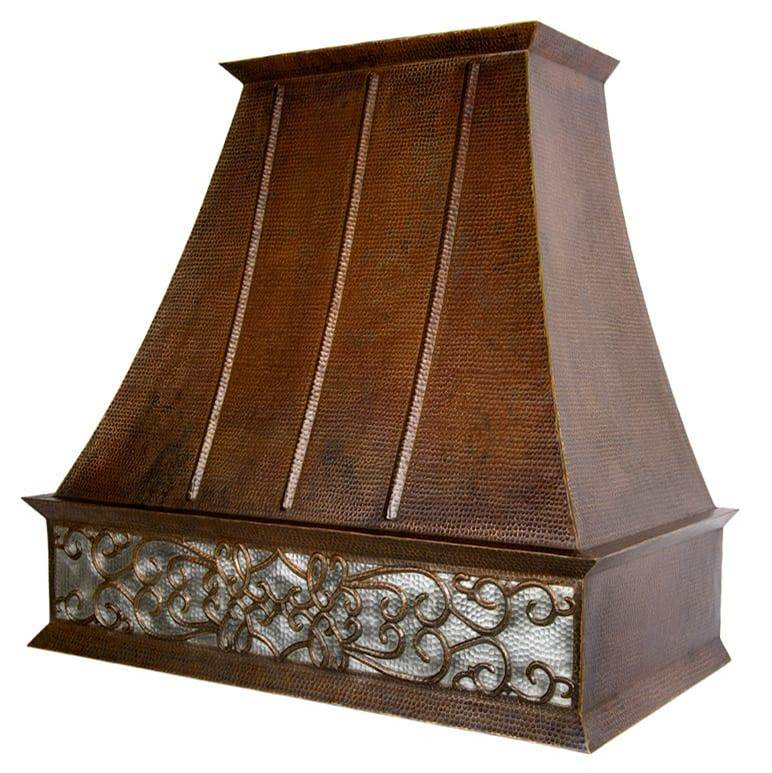Premier Copper Products 38'' Hammered Copper Wall Mounted Euro Range Hood with Nickel Scroll Background Design