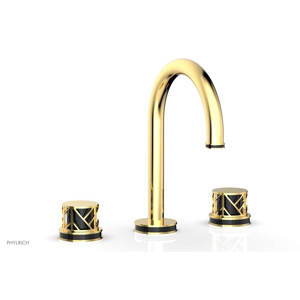 Phylrich Satin Brass Jolie Widespread Lavatory Faucet With Gooseneck Spout, Round Cutaway Handles, And Black Accents - 1.2GPM