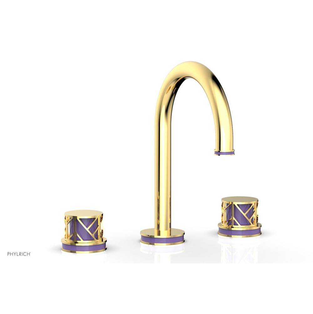 Phylrich Satin Gold Jolie Widespread Lavatory Faucet With Gooseneck Spout, Round Cutaway Handles, And Purple Accents - 1.2GPM